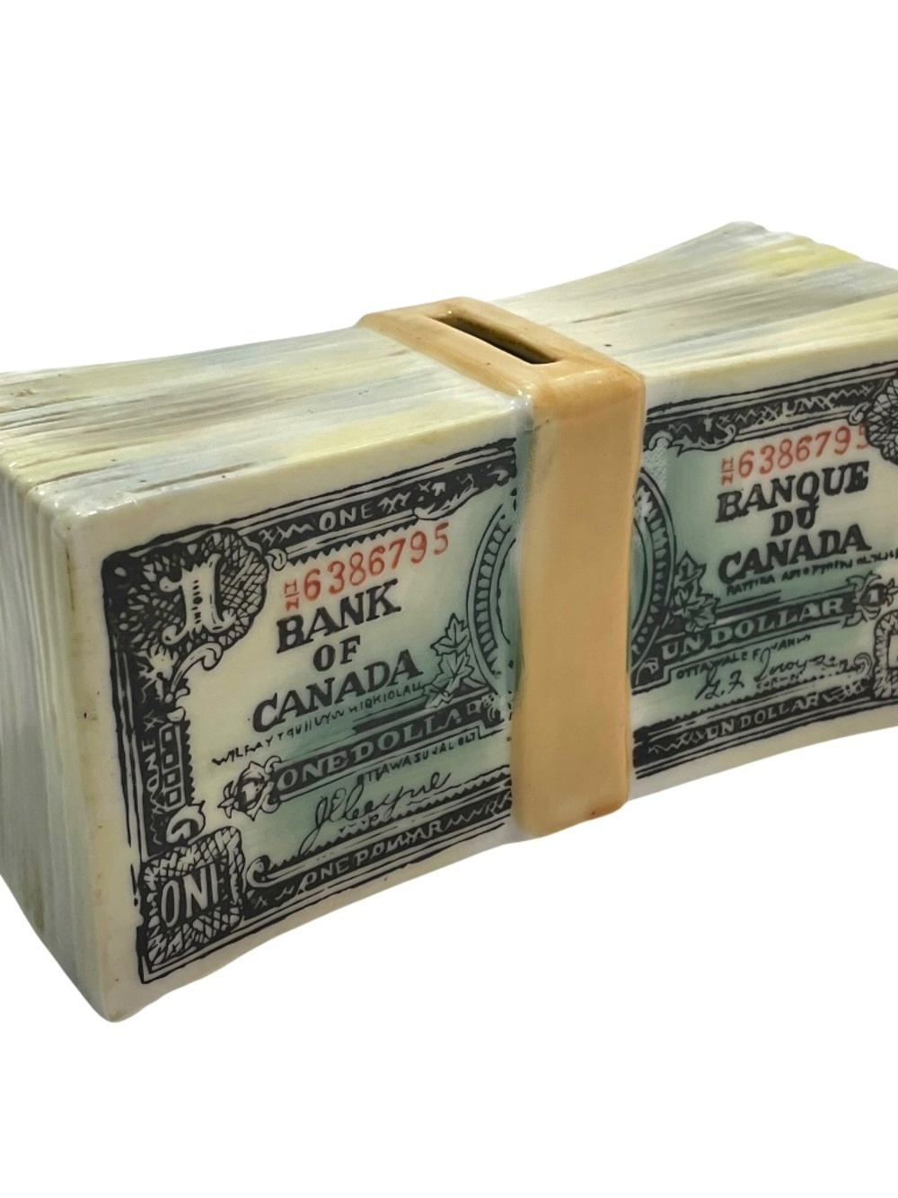Vintage 1970s Shafford Ceramic Piggy Bank stack of Canadian One-Dollar Bills